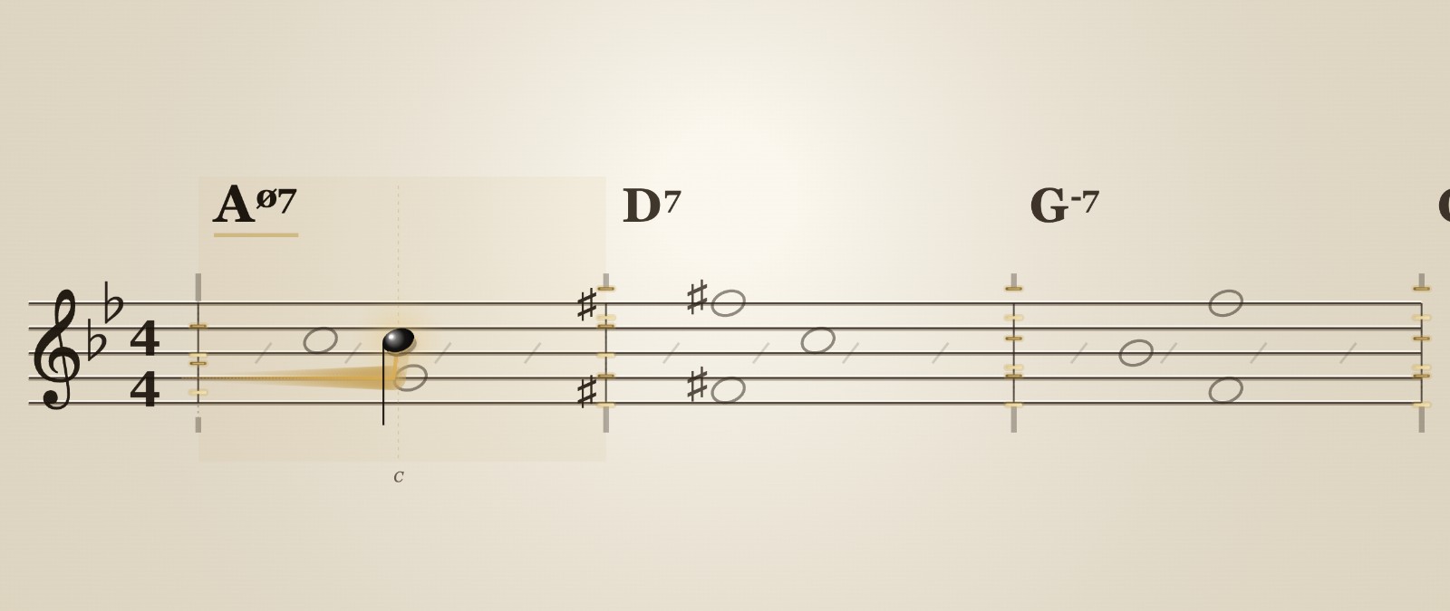 Autumn Leaves gameplay in B-flat — two flats in the key signature, the half-diminished Aø7 chord sounding, sharps printed at the D7 door ahead
