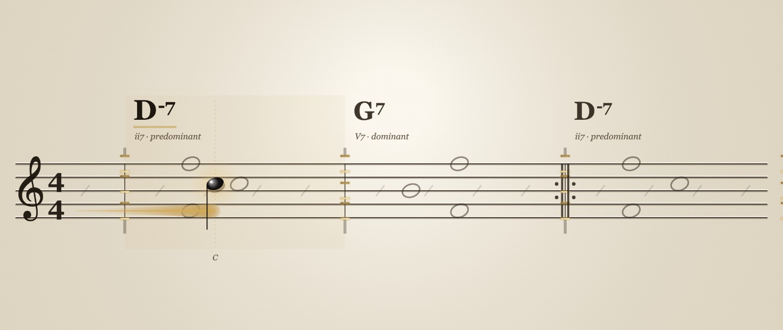 Run the Changes gameplay — a glossy black note trailing a golden comet across engraved music paper, riding the 7th of D minor 7 toward the golden guide-tone doors of G7
